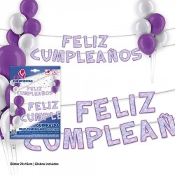 Guirnalda Feliz cumpleaños morado sirena 3 metros con globos