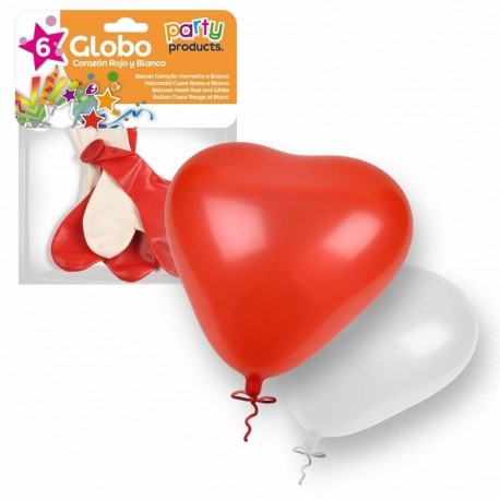 Globos corazon rojo y blanco 6 unidades 25 cm