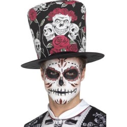 Sombrero de copa dia de los muertos calveras rosas