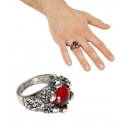 Anillo brujo satanico con calaveras y piedra roja