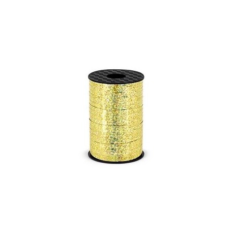 Lazo oro holagrafico metalico para globos o decoraciones 225 mt x 5 mm