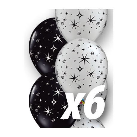 Globos negro y plata conestrellas 6 uds qualatex 30 cm