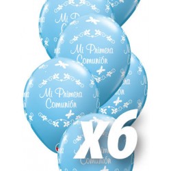 Globo de comunion azul mariposas para niño 6 uds qualatex 30 cm