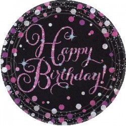 Platos happy birthday 23 cm negro y rosa 8 uds