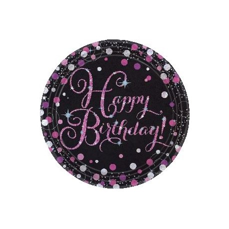 Platos happy birthday 23 cm negro y rosa 8 uds