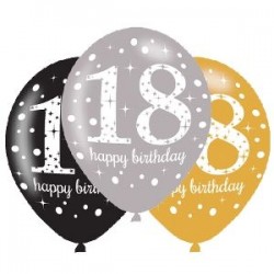 Globos 18 cumpleaños oro plata y negro 6 uds latex 27.5cm