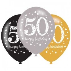 Globos 50 cumpleaños oro plata y negro 6 uds latex 11" /27.5cm