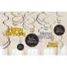 Colgantes espirales para decoracion de cumpleaños oro y negro