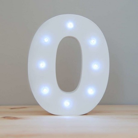 Numero 0 en madera blanca con luz led