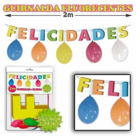 Guirnalda felicidades en colores fluor de 2 mt con globos