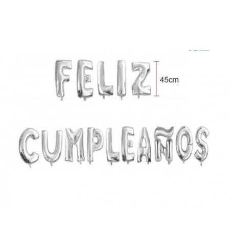 Letras Feliz Cumpleanos plata en globo de 45 cm
