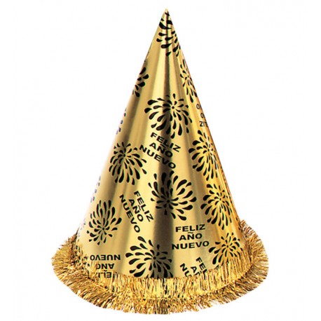 Sombrero cono feliz ano nuevo dorado con flecos