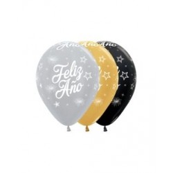 Globos Feliz Año en dorado y plata 12 uds 30 cm sempertex