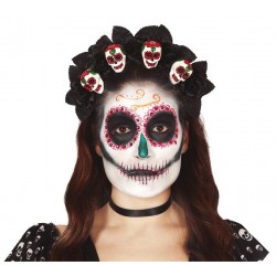 Diadema catrina flores negras con calveras