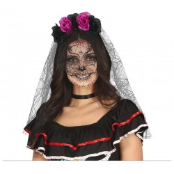 Diadema catrina flores lila negras con velo