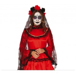 Diadema catrina flores negras y rojas con velo