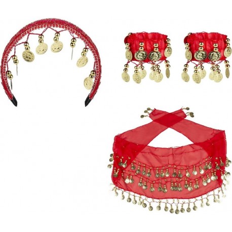 Conjunto danza del vientre rojo diadema 2 pulseras y 1 cinturon monedas