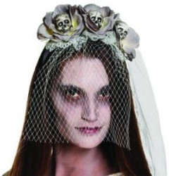 Tiara flores grises y calaveras novia cadaver