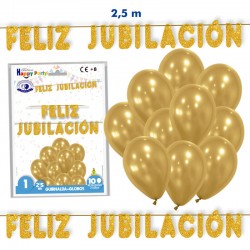 Guirnalda feliz jubilacion oro con 10 globos 25 metros