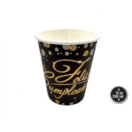 Vasos Feliz cumpleanos negro y oro 12 uds