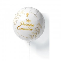 Globo Mi primera comunion blanco y oro foil 45 cm helio o aire