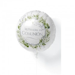 Globo Mi primera comunion blanco y verde floral 45 cm helio o aire