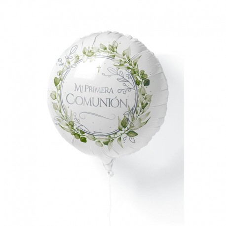 Globo Mi primera comunion blanco y verde floral 45 cm helio o aire