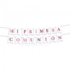 Letrero Mi primera comunion blanco y rosa metal 4 metros
