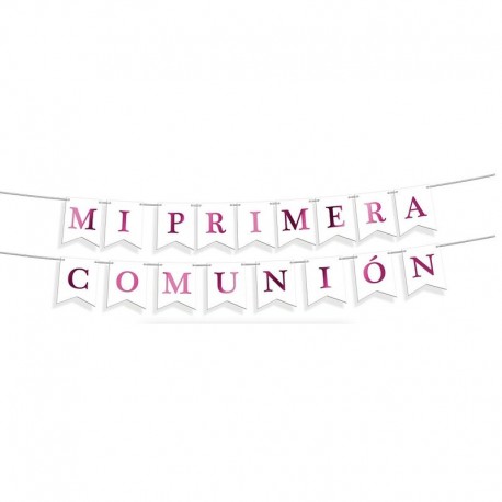 Letrero Mi primera comunion blanco y rosa metal 4 metros