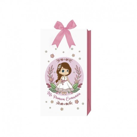 Bolsa regalo nina de comunion blanca y rosa 16x30 cm