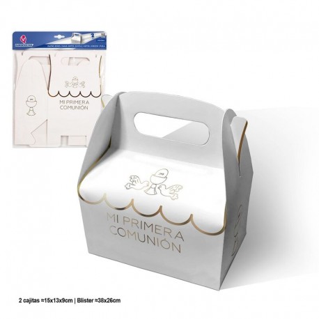 Caja regalo blanca Comunion blanca y oro 15x13x9 cm 2 uds