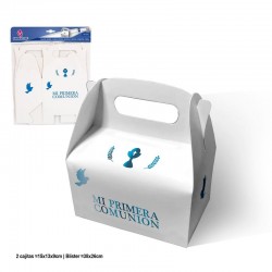 Caja regalo blanca Comunion azul metalizado 15x13x9 cm 2 uds