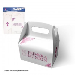 Caja regalo blanca Comunion rosa metalizado 15x13x9 cm 2 uds