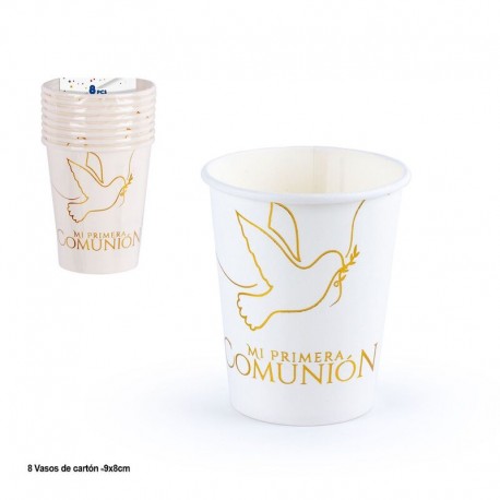 Vasos Mi Primera Comunion paloma blanco y oro 8 uds