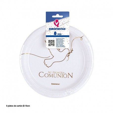 Platos Mi Primera Comunion paloma blanco y oro 8 uds 18 cm
