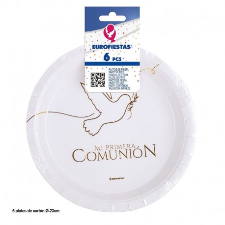 Platos Mi Primera Comunion paloma blanco y oro 8 uds 23 cm