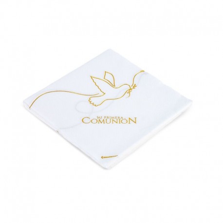 Servilletas Mi Primera Comunion paloma blanco y oro 12 uds 33 cm