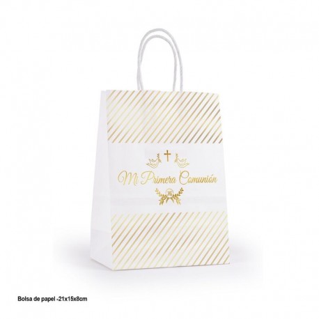 Bolsa regalo comunion blanca y oro 21x16x8 cm