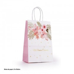 Bolsa regalo comunion blanca y rosa floral 21x16x8 cm