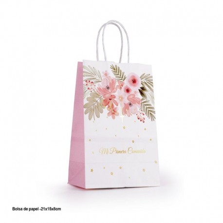 Bolsa regalo comunion blanca y rosa floral 21x16x8 cm