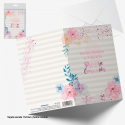 Tarjeta felicitacion comunion rosa metalizado
