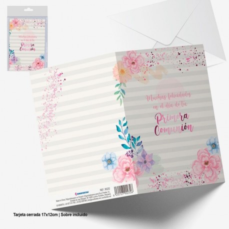 Tarjeta felicitacion comunion rosa metalizado