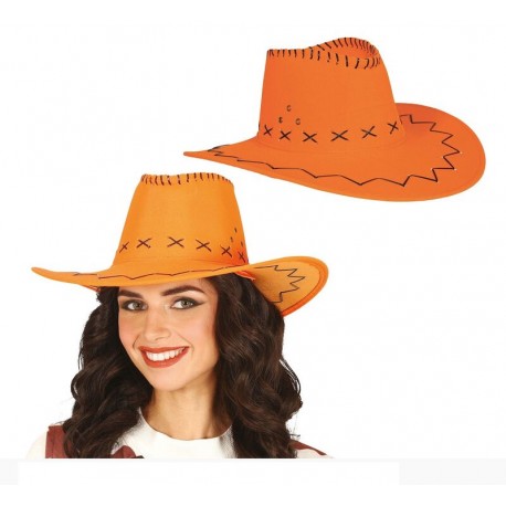 Sombrero vaquero naranja simil piel adulto