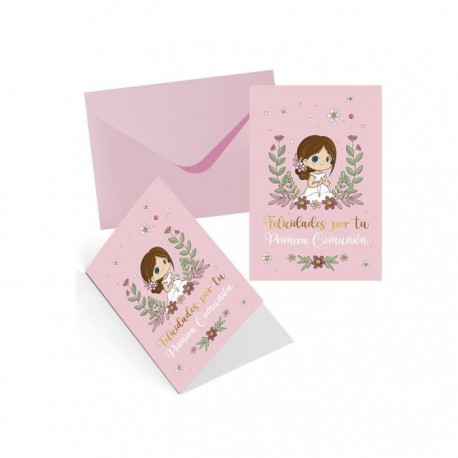 Tarjeta felicitacion nina primera comunion rosa