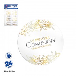 Pegatinas redondas 5 cm mi primera comunion hojas oro 24 uds
