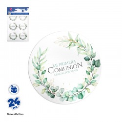 Pegatinas redondas 5 cm mi primera comunion ramas verdes 24 uds