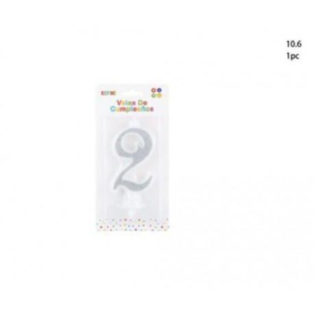 Vela para tarta plata purpurina 10 cm