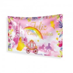 Cartel Feliz cumpleanos princesas en tela 120x68 cm
