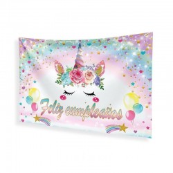 Cartel Feliz cumpleanos unicornio en tela 120x68 cm