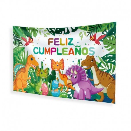 Cartel Feliz cumpleanos dinosaurios en tela 120x68 cm